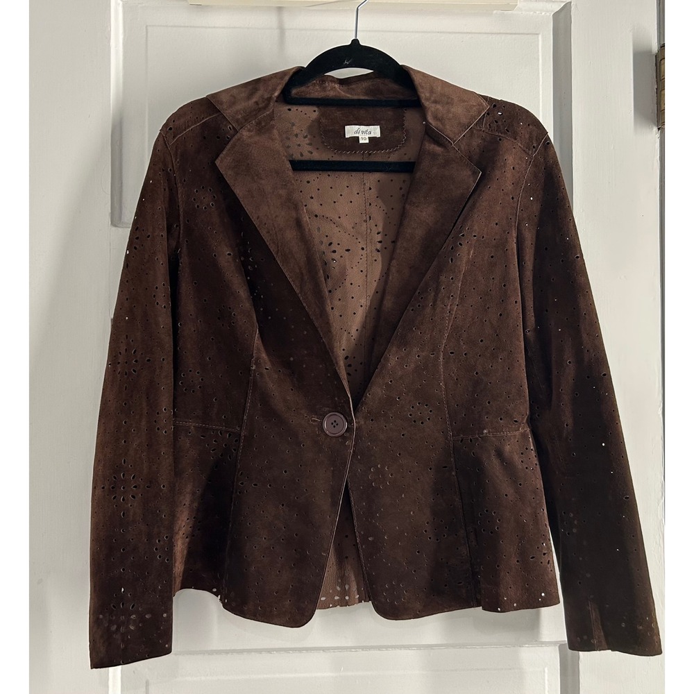 di vita Vintage Brown Laser Cut Suede Blazer Jacket Size 10 Western READ